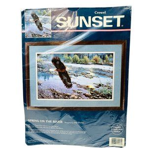 Vintage Sunset Crewel Kit "Spring on the River" (1996) with Wool Yarn - New/Seal